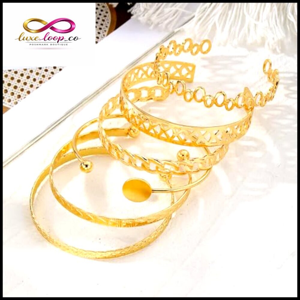 Adjustable 14k Gold Plated Bangle Bracelet Set, Multi-Layer Stackable Cuff - Picture 4 of 6